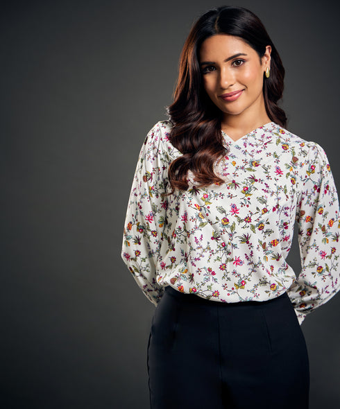 Side Pleated Printed Chiffon Top